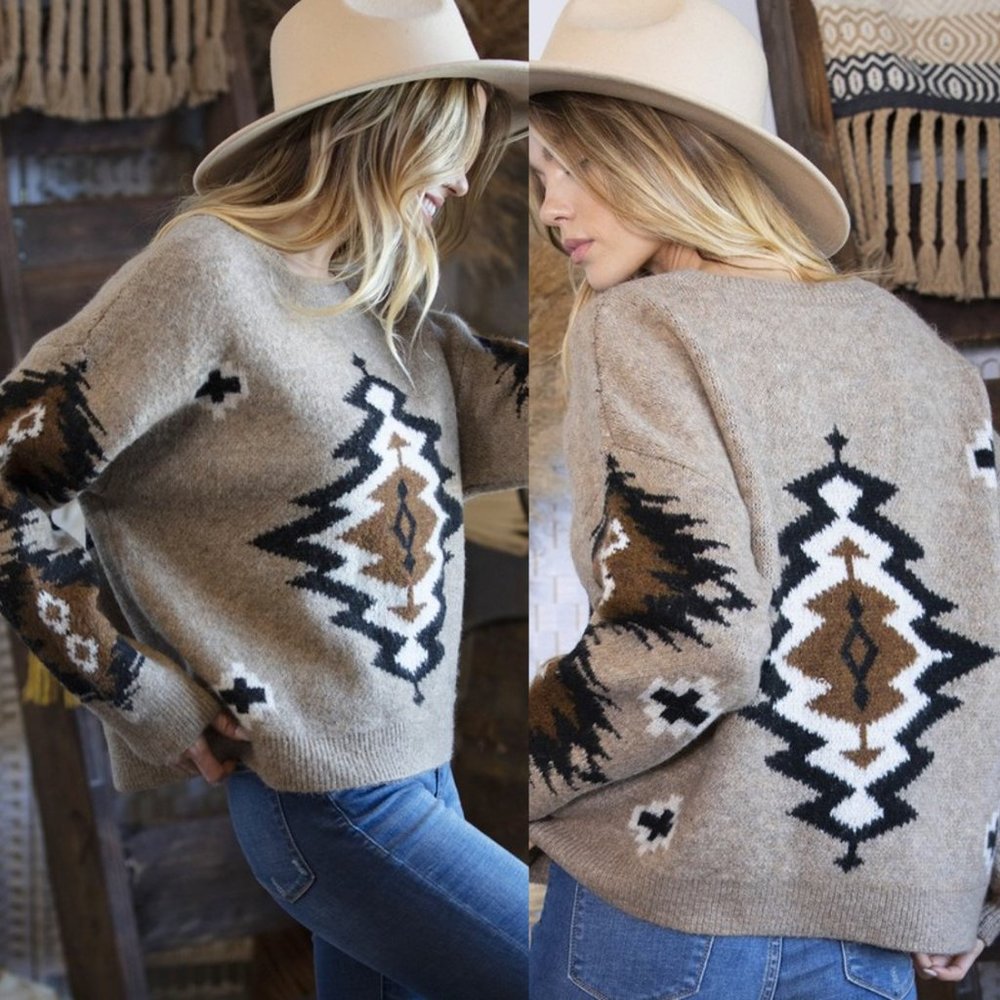 New Western Yellowstone Tribal Aztec Printed Pullover Crew Neck Sweater - Picture 6 of 6